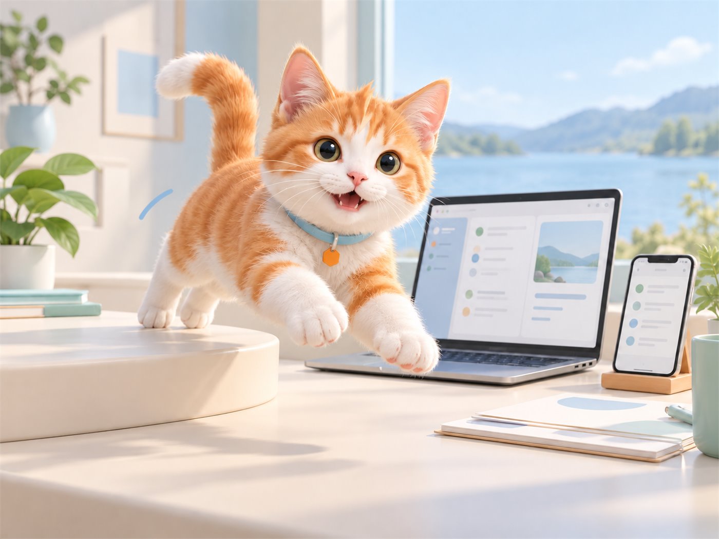 原创橙白小猫从低矮工作台跃起,旁有电脑和手机