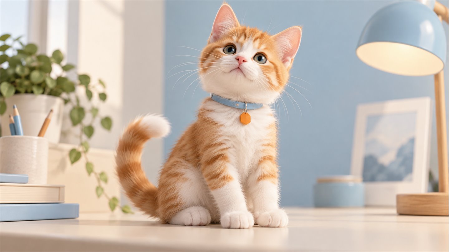 橙白短毛小猫的侧面造型与浅蓝项圈